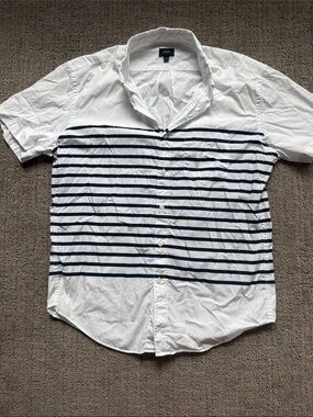 J. Crew White Short-Sleeve Button-Up Shirt with Navy Stripes